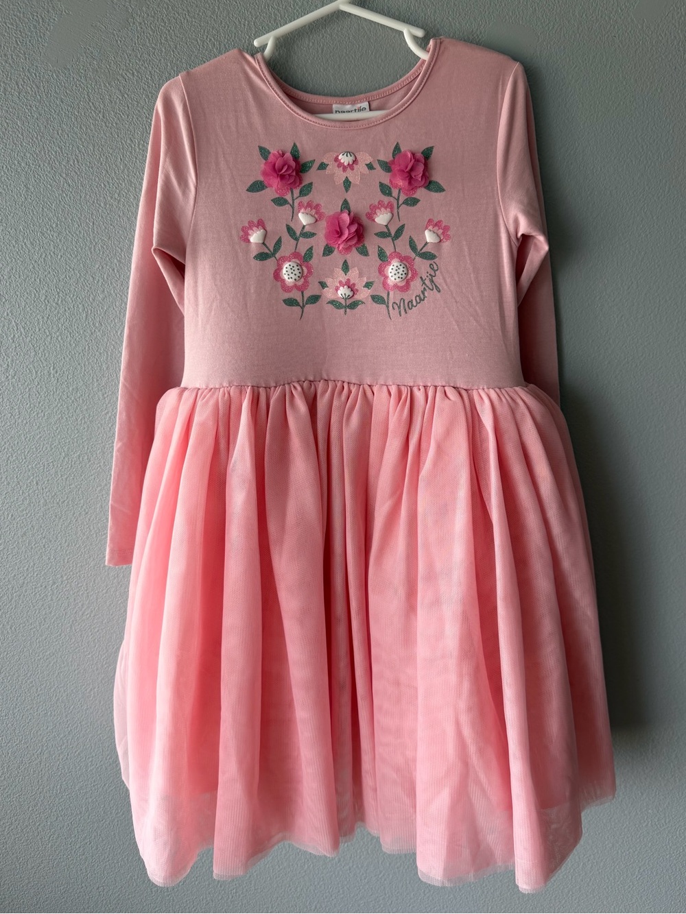 Naartjie pink floral tulle skirt long sleeve dress Girls’ size 7/8